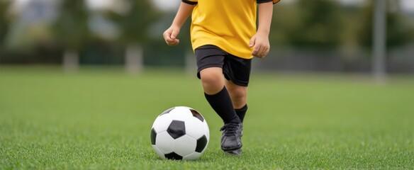 Obraz premium Energetic child kicking vibrant soccer ball on lush green field during practice session