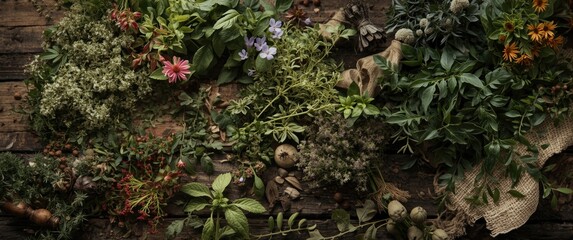 Top view of herbs being harvested for winter, still life