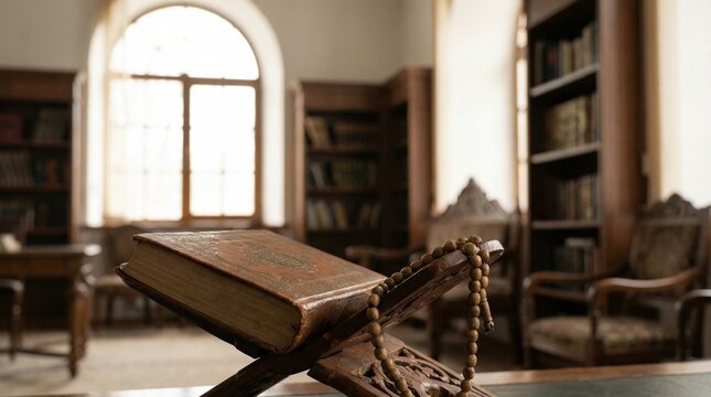 Holy Quran on Wooden Stand with Prayer Beads in Library