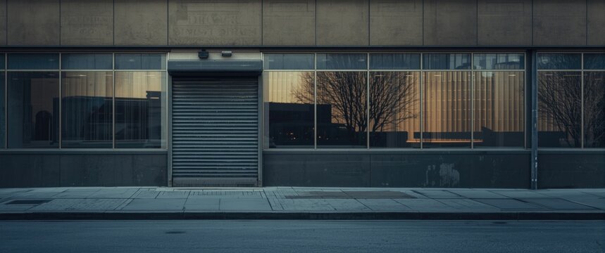 Bankrupt business with a locked door, shop exterior featuring closed shutters and automatic gates