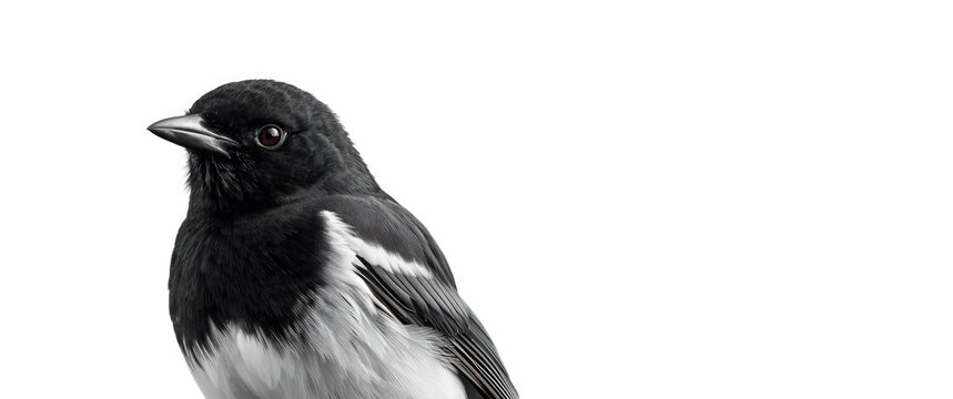 Detailed View of Oriental Magpie Robin or Copsychus Saularis on White Background, Clipping Path Included