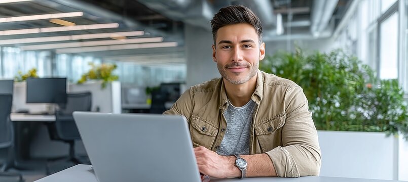 Confident Latin American Business Executive Working on Laptop, Smiling in Modern Workplace Setting