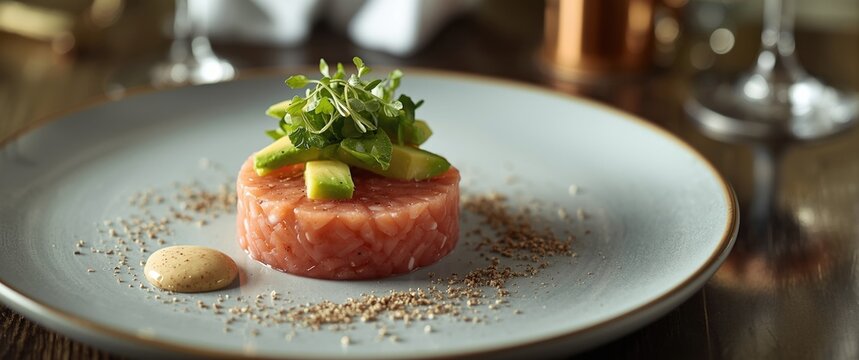 Salmon tartare and salad starter dish