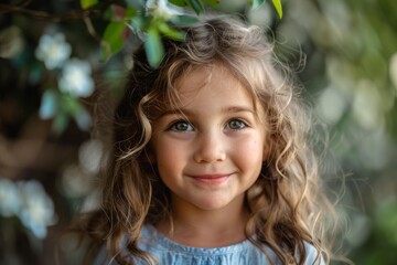 Fototapeta premium Adorable preschooler girl with curly hair smiling near blooming tree, enjoying springtime in nature