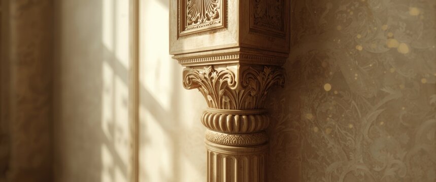 Close-up of carved decorative details on beige wooden cabinetry in kitchen, including wooden pilasters and decor furniture