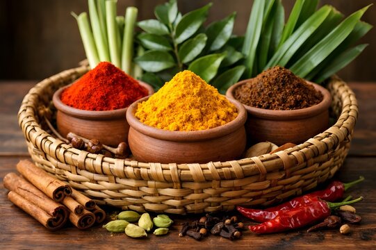 Traditional Woven Basket Filled with Sri Lankan Spices and Herbs