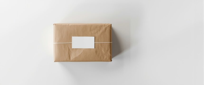 White background with parcel box and kraft paper wrapping