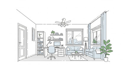 Obraz premium Hand drawn sketch of a modern living room interior design.