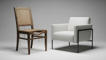 Two chairs sit side by side with different designs and materials in a simple setting of light colors