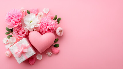 Happy Valentine's Day.  Romantic floral background with pink flowers and a cozy textile heart