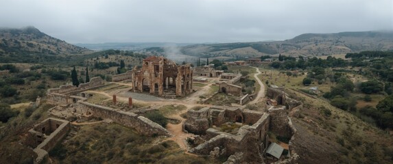Fototapeta premium Drone perspective of Poggioreale ruins in Belice Valley, Trapani province, a ghost town devastated by the 1968 earthquake
