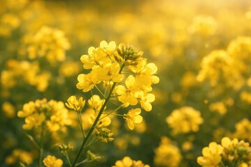 Tight focus on glowing yellow blossoms with a delicately blurred yellow natural flower field