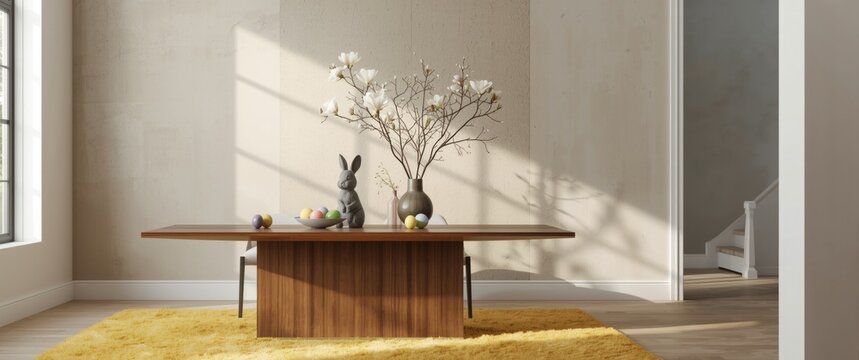 Easter dining room minimalist design featuring gray bunny sculpture, colorful eggs, magnolia vase, beige stucco wall, and accessories, home decor template