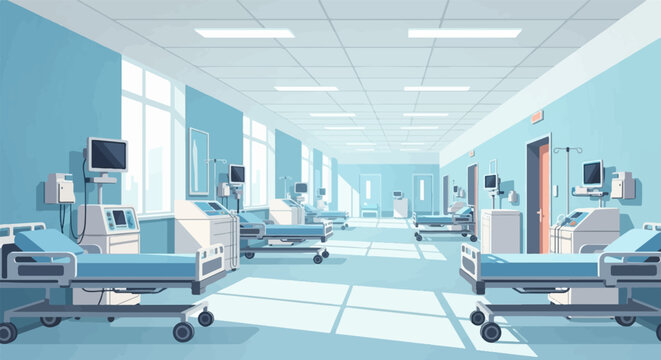 Bright hospital ward with rows of empty beds and medical equipment