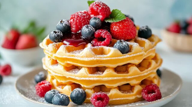 Waffles are stacked and garnished with raspberries, blueberries, and syrup in a kitchen setting during daytime
