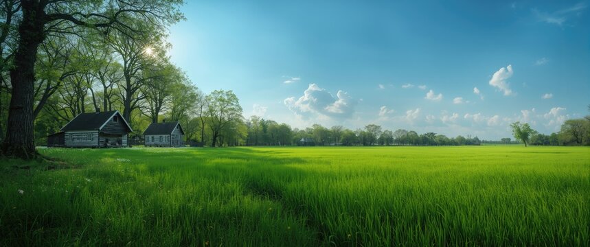 Enjoying the spring breeze and the peaceful scenery of the lush forest, tall trees, and bright green grass beneath a clear blue sky