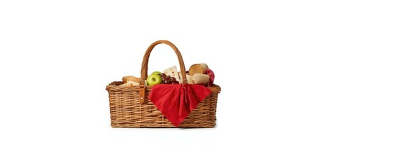 Picnic basket with red napkin on a white background