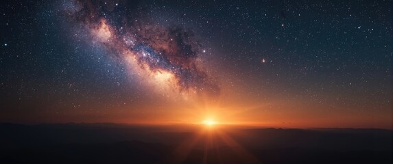 Fototapeta premium Starry night sky with a cosmic flare, planet, nebula, and setting sun