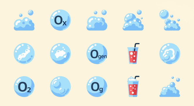 Bubbles and drinks with chemical symbols of oxygen