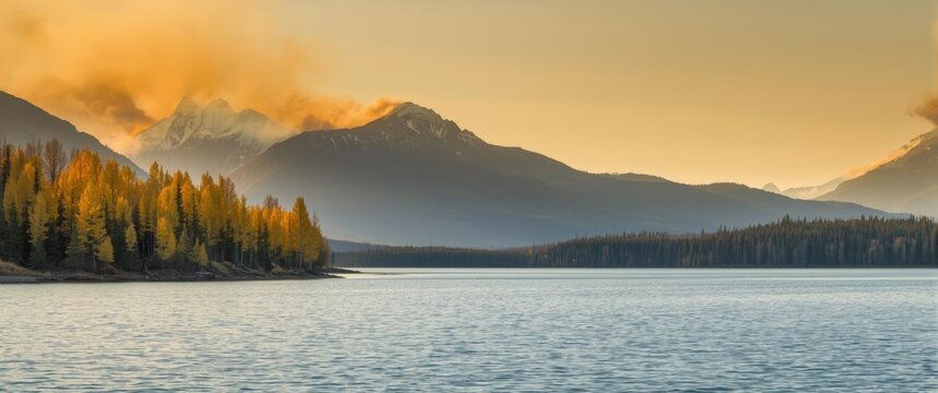 Fall foliage near Carcross, Yukon Territory, Canada, featuring a distant smoldering wildfire by lake and mountain