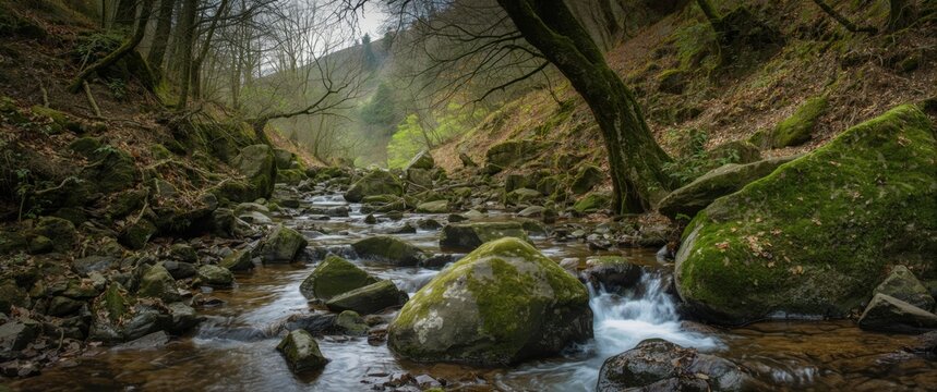 Early spring landscape of a hillside stream meandering through mossy rocks and boulders with overhanging trees in a UK forest valley, emphasizing water and nature