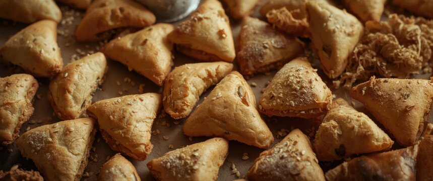 Variety of prebaked Haman pockets, known as Hamantashen, triangular Jewish cookies for Purim filled with poppy seeds