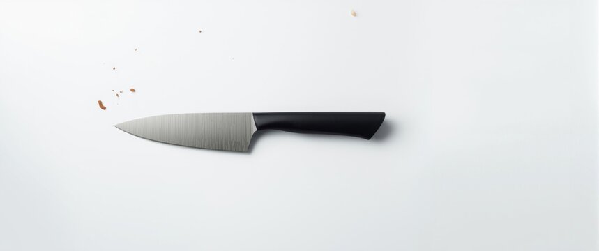 Ceramic knife featuring a black handle, isolated on a plain backdrop
