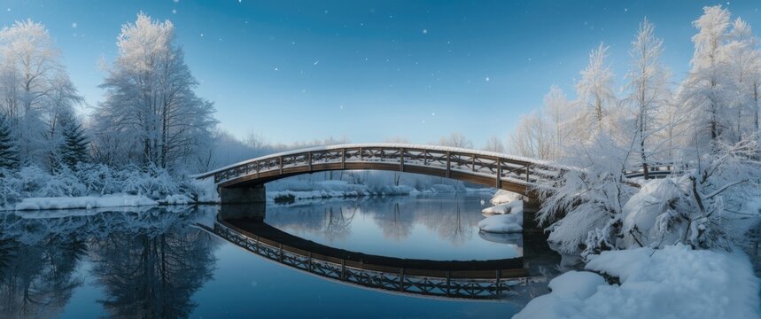 Winter scene of a snow-laden wooden bridge in Museum Village, Spree Forest
