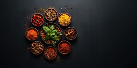Naklejka premium Assorted spices arranged on dark surface to illustrate ingredient variety and seasoning techniques, International Spice Day
