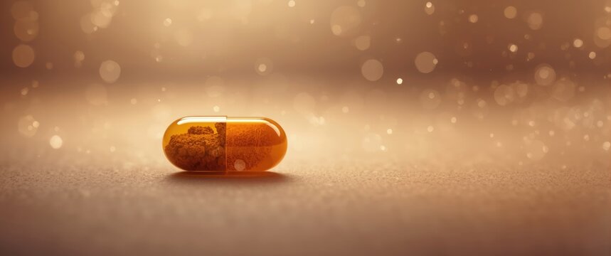 Gelatin capsule containing Turmeric plus black pepper extract, top view close-up of herbal supplement with organic curcumin