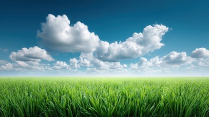 Obraz premium Lush Green Field Under Bright Blue Sky with Fluffy Clouds in a Serene Landscape, Perfect for Nature and Outdoor Themes