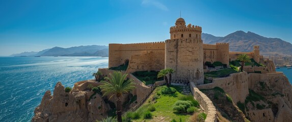 Naklejka premium Historical fort atop coastal mountains in Muscat, Sultanate of Oman featuring sky, travel, nature, city, tree, landscape, beauty, mountain, palm tree, old