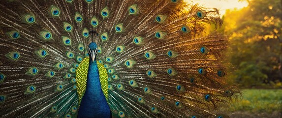 Fototapeta premium Peacock male exhibiting its colorful tail feathers