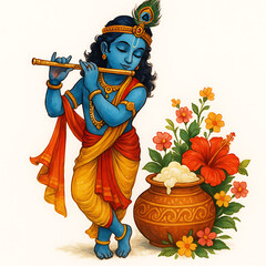 Lord krishna playing flute with butter pot isolated on transparent background