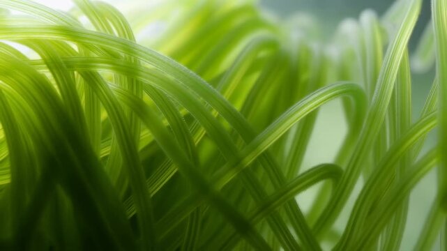 Close-up of vibrant green plant fibers swaying gently in soft light. Represents nature's beauty and the importance of environmental sustainability