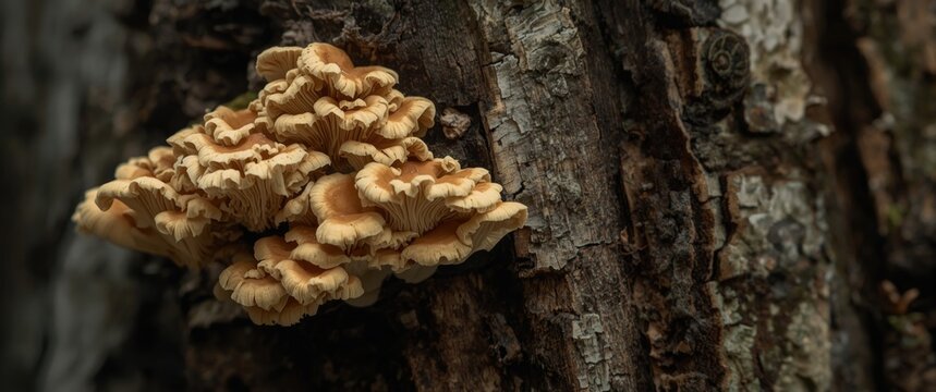 Close-up of a Shaggy Polypore fungus, known as Illinois Mushroom, growing on tree bark