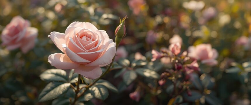 Pink rose with a springtime natural backdrop
