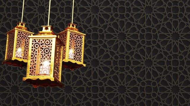 Golden Ramadan Hanging Lamp lanterns, Islamic geometric pattern background. Islamic holy month of Ramadan