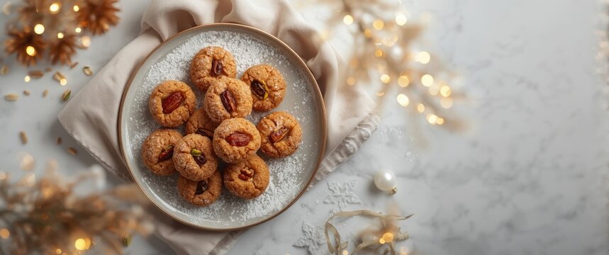 Bird's eye view of traditional Arabic Eid-al-Adha and Eid-al-Fitr semolina maamoul cookies with dates, walnuts, and pistachios