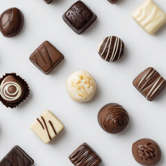 Assorted gourmet chocolates on white marble background
