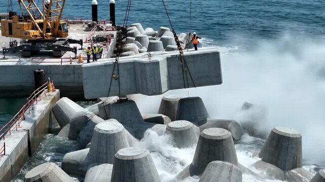 Marina Barrier Construction with Concrete Blocks - This video shows the construction of a marina barrier with massive interlocking concrete blocks.