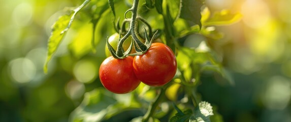 Obraz premium Cherry tomatoes in red and green hues on a green vine backdrop, food, summer, nature, leaf, health, fruit, garden, green, color