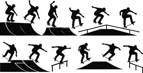  Skateboarder silhouette trick sequence at skate park, street skateboarding ramps and rails, dynamic extreme sport action, urban youth culture, black vector illustration © Fazlul