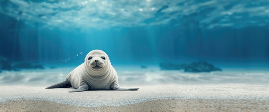 Cute seal in an aquarium with water, beach, and nature elements, isolated white animal by the sea, joyful with blue hues