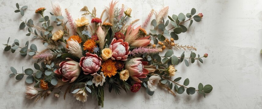 Stunning floral arrangement in flat lay style with native flowers like protea, banksia, kangaroo paw, eucalyptus, and gum nuts on a rustic white backdrop