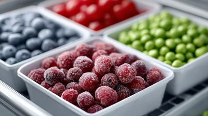 Assorted frozen berries and fruits in white containers