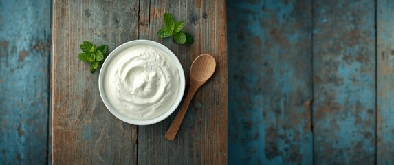 Naklejka premium Top view of a bowl of Diet Greek yogurt on a rustic wooden table