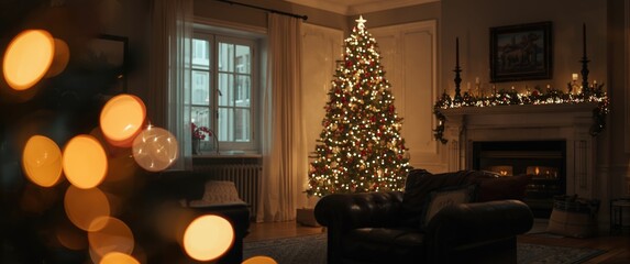 Fototapeta premium Elegant living room design with a festive Christmas tree and soft blurred lights in front