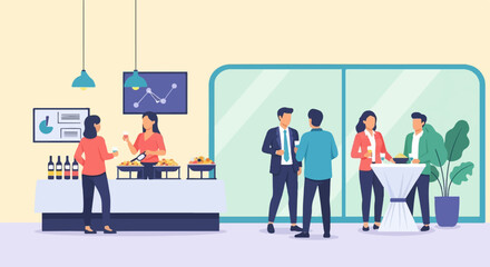 Business professionals mingle at a catered event with charts and drinks