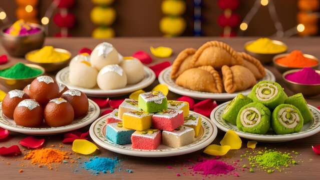 Vibrant holi celebrations with colorful sweets and traditional indian desserts